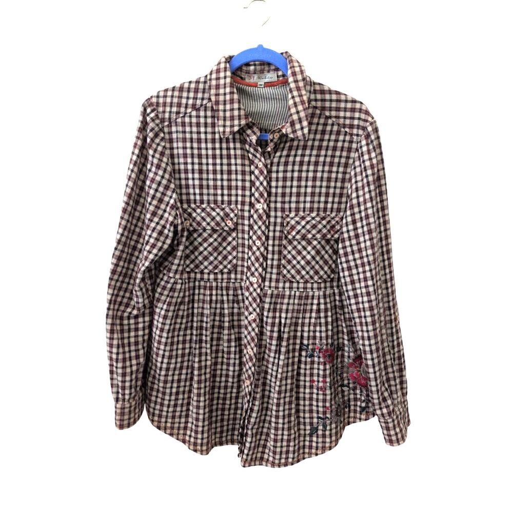 Johnny Was 3J Workshop Plaid Peplum Flannel Tunic Medium Embroidered Boho - Picture 2 of 7